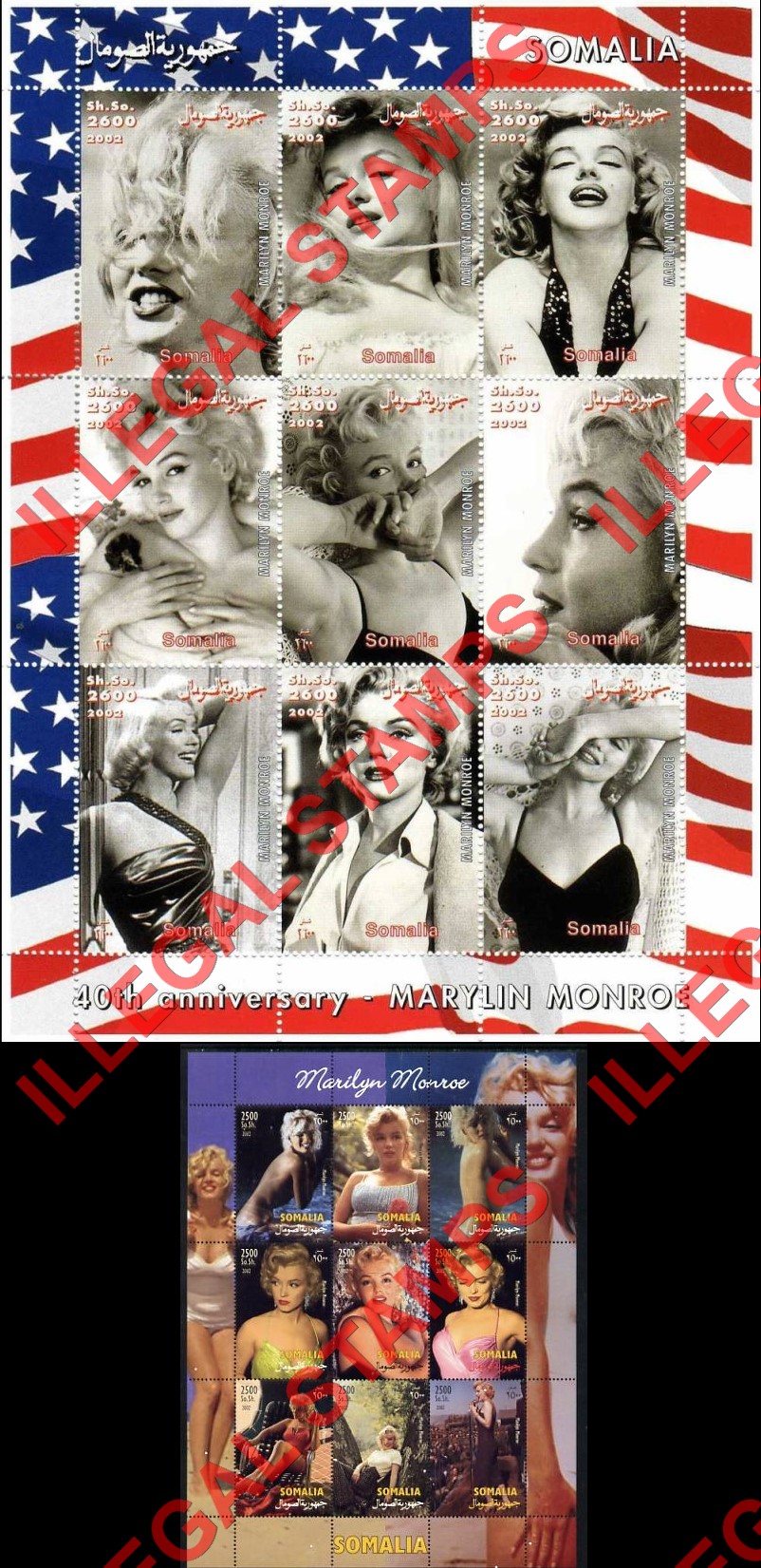 Somalia 2002 Marilyn Monroe Illegal Stamp Souvenir Sheets of 9