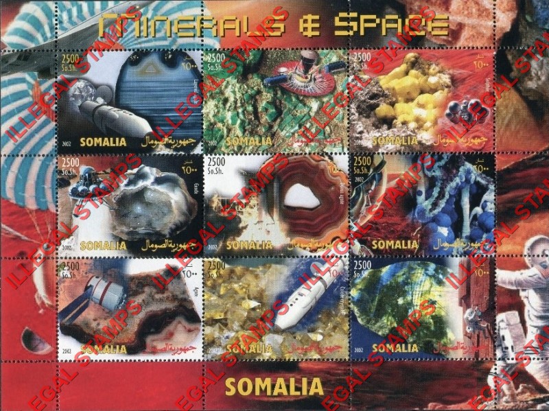 Somalia 2002 Minerals and Space Illegal Stamp Souvenir Sheet of 9