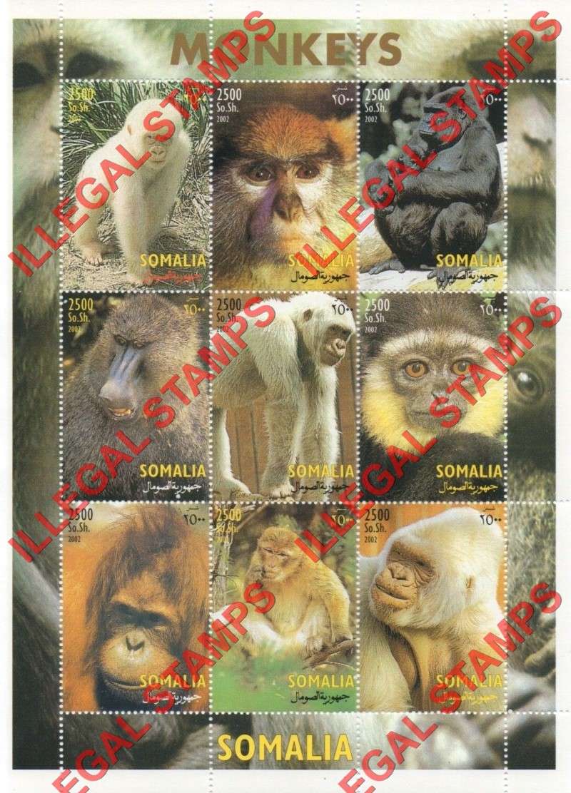 Somalia 2002 Monkeys Illegal Stamp Souvenir Sheet of 9