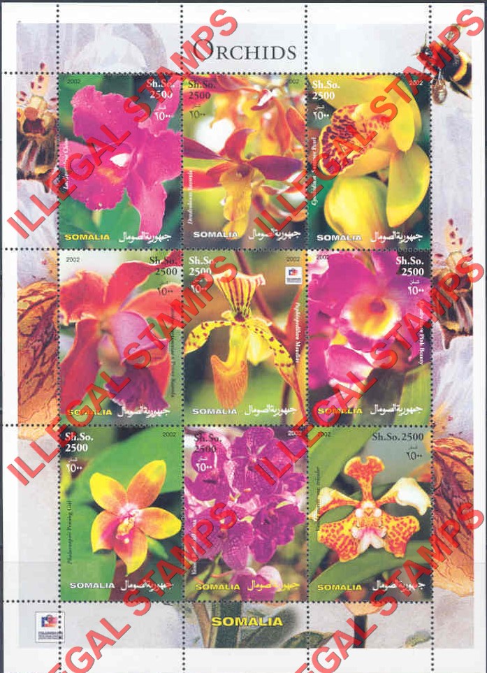 Somalia 2002 Orchids Illegal Stamp Souvenir Sheet of 9 (Sheet 2)