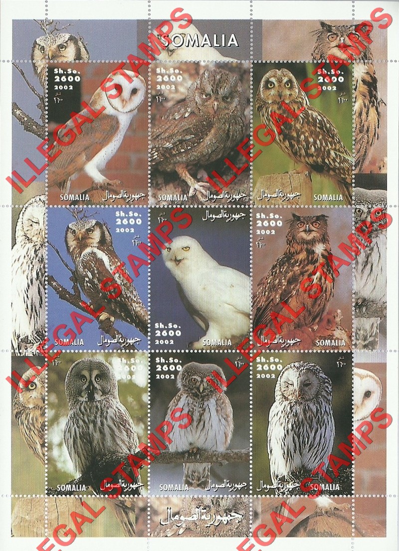 Somalia 2002 Owls Illegal Stamp Souvenir Sheet of 9