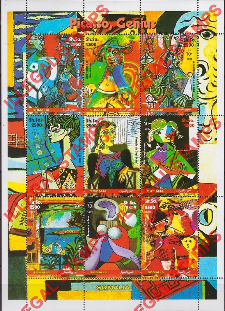 Somalia 2002 Paintings by Picasso Illegal Stamp Souvenir Sheet of 9
