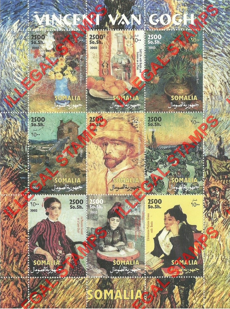 Somalia 2002 Paintings by Vincent Van Gogh Illegal Stamp Souvenir Sheet of 9