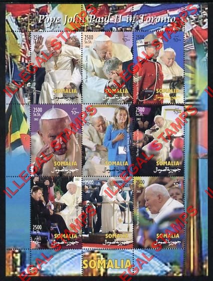 Somalia 2002 Pope John Paul II in Toronto Illegal Stamp Souvenir Sheet of 9