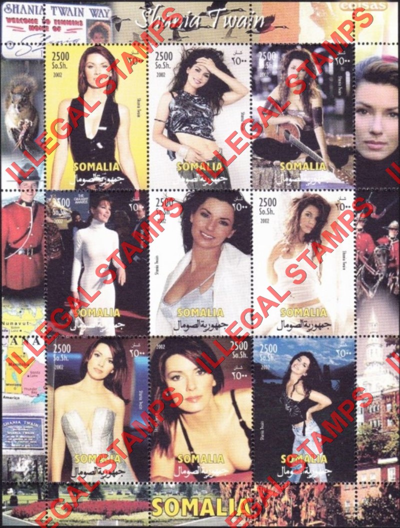 Somalia 2002 Shania Twain Illegal Stamp Souvenir Sheet of 9
