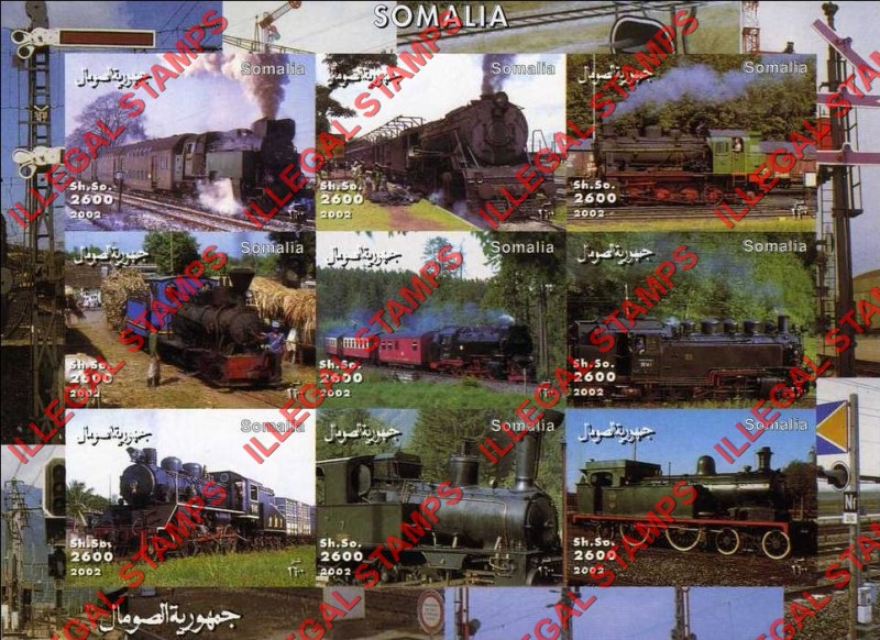 Somalia 2002 Trains Illegal Stamp Souvenir Sheet of 9