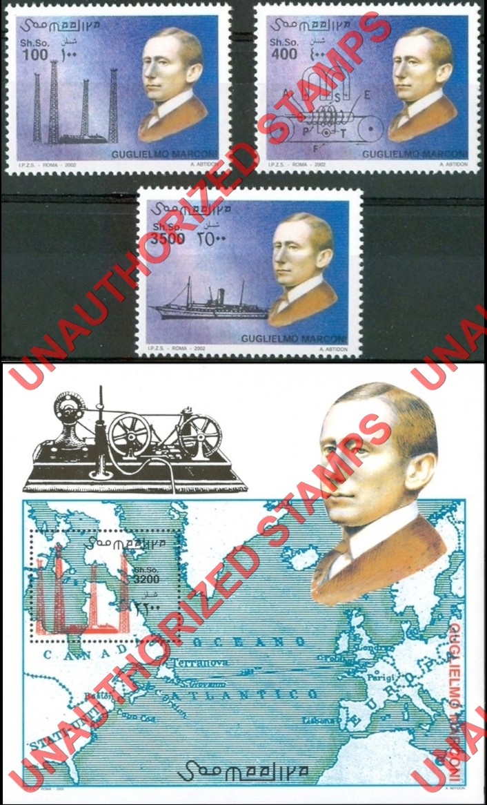 Somalia 2002 Unauthorized IPZS Guglielmo Marconi Stamps Michel 938-940 BL 89