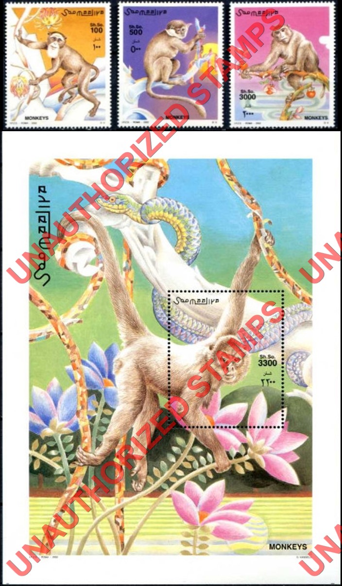 Somalia 2002 Unauthorized IPZS Monkeys Stamps Michel 942-944 BL 90