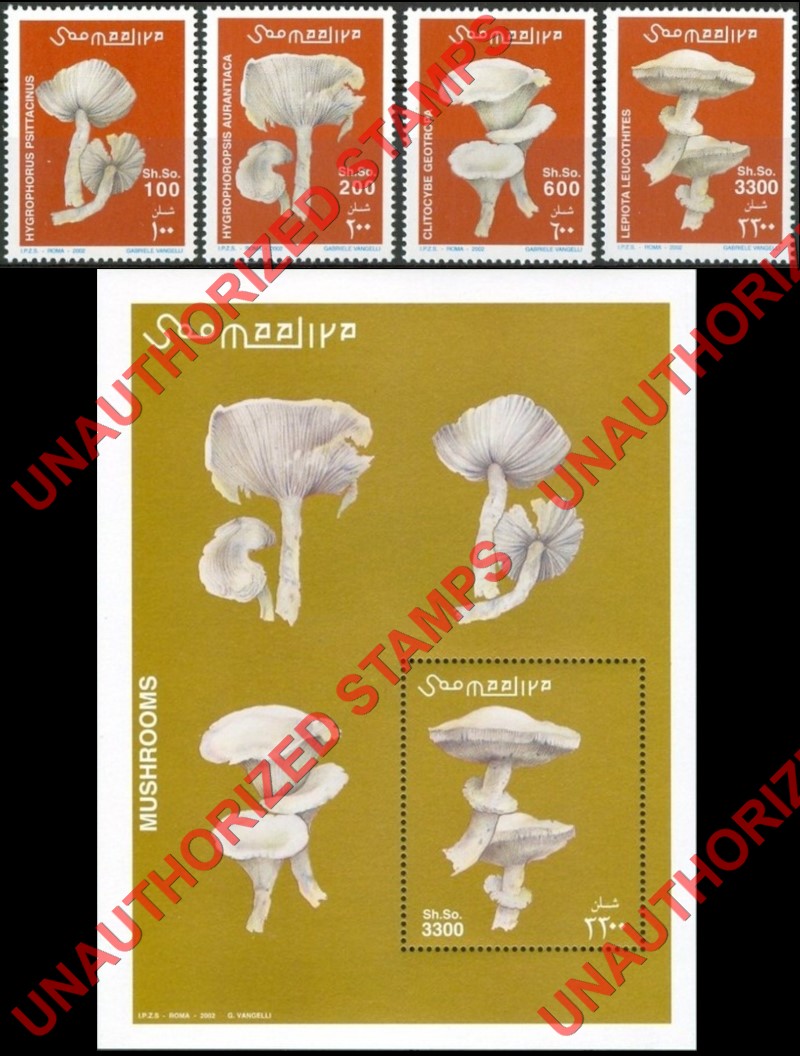 Somalia 2002 Unauthorized IPZS Mushrooms Stamps Michel 962-965 BL 94
