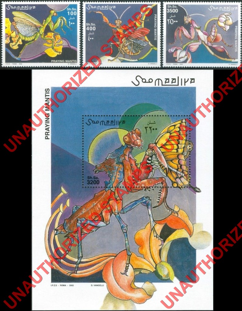Somalia 2002 Unauthorized IPZS Praying Mantis Stamps Michel 972-974 BL 96