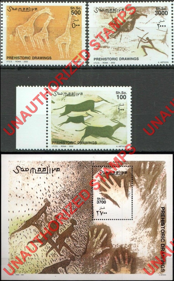 Somalia 2002 Unauthorized IPZS Prehistoric Drawings Stamps Michel 946-948 BL 91