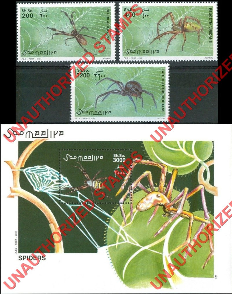 Somalia 2002 Unauthorized IPZS Spiders Stamps Michel 991-993 BL 98