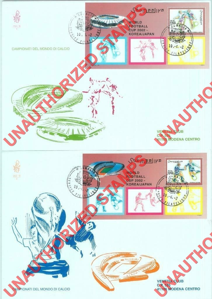 Somalia 2002 Unauthorized IPZS World Football Cup Stamps Michel BL 86 and 87 on First Day Covers