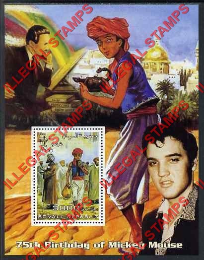 Somalia 2003 Mickey Mouse 75th Birthday with Aladdin and Elvis Illegal Stamp Souvenir Sheet of 1