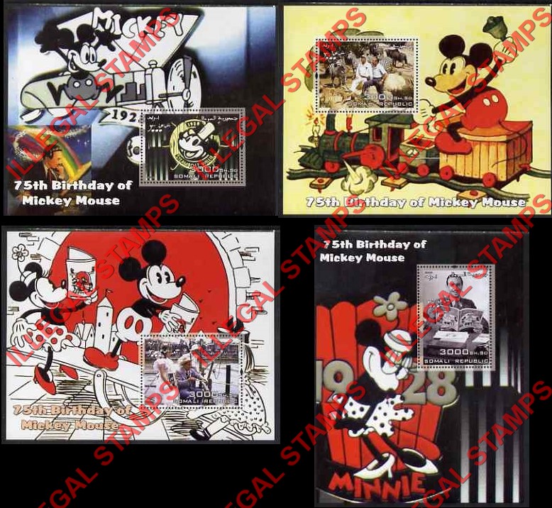 Somalia 2003 Mickey Mouse 75th Birthday with Minnie Mouse and Disney Illegal Stamp Souvenir Sheets of 1