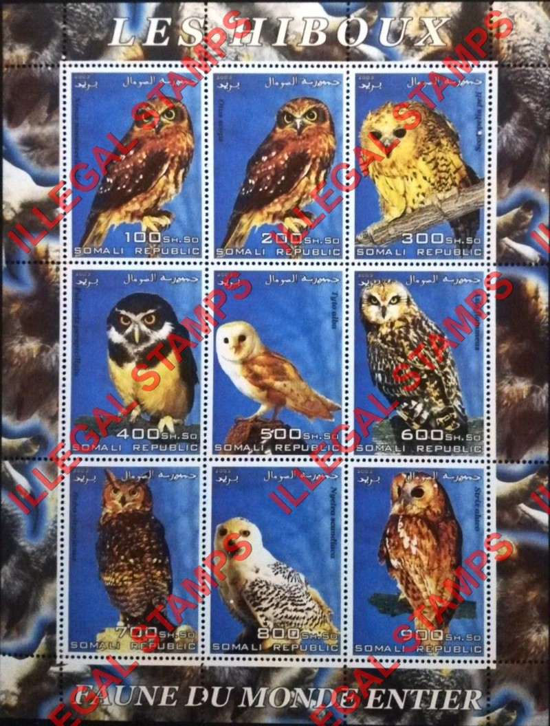 Somalia 2003 Owls Illegal Stamp Souvenir Sheet of 9