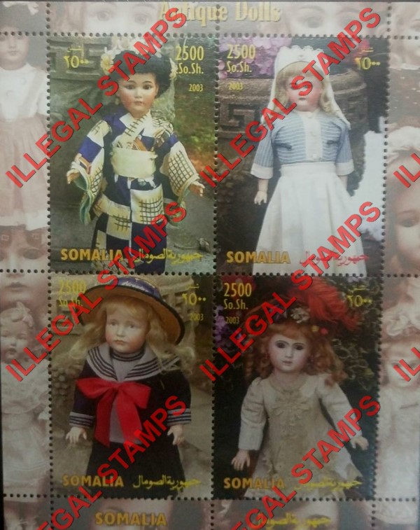 Somalia 2003 Antique Dolls Illegal Stamp Souvenir Sheet of 4