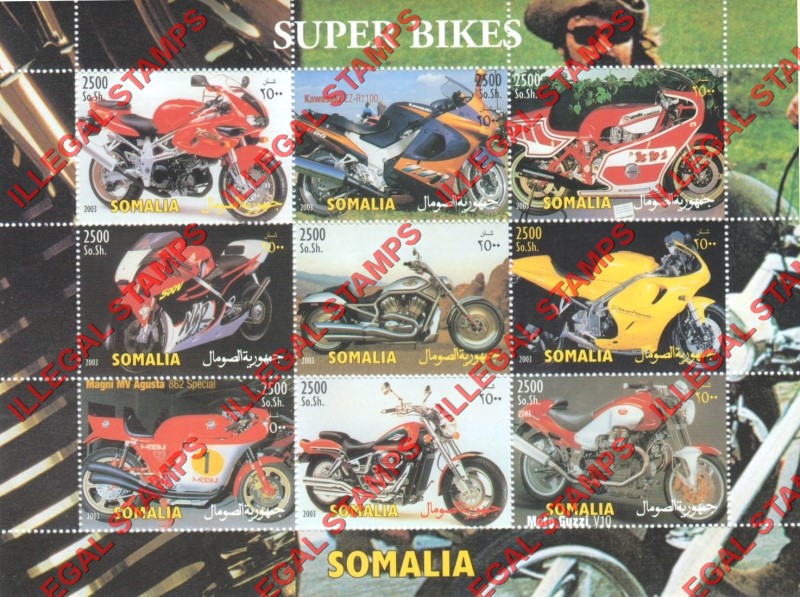 Somalia 2003 Motorcycles Super Bikes Illegal Stamp Souvenir Sheet of 9