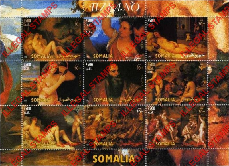 Somalia 2003 Paintings by Tiziano Illegal Stamp Souvenir Sheet of 9