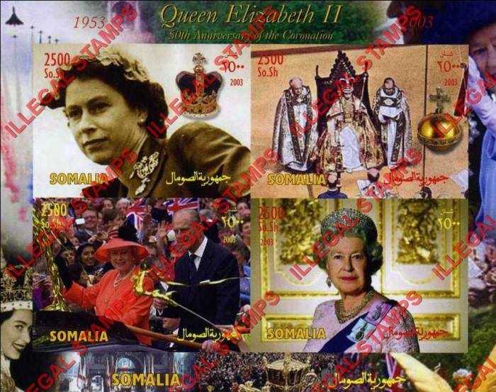 Somalia 2003 Queen Elizabeth II Illegal Stamp Souvenir Sheet of 4