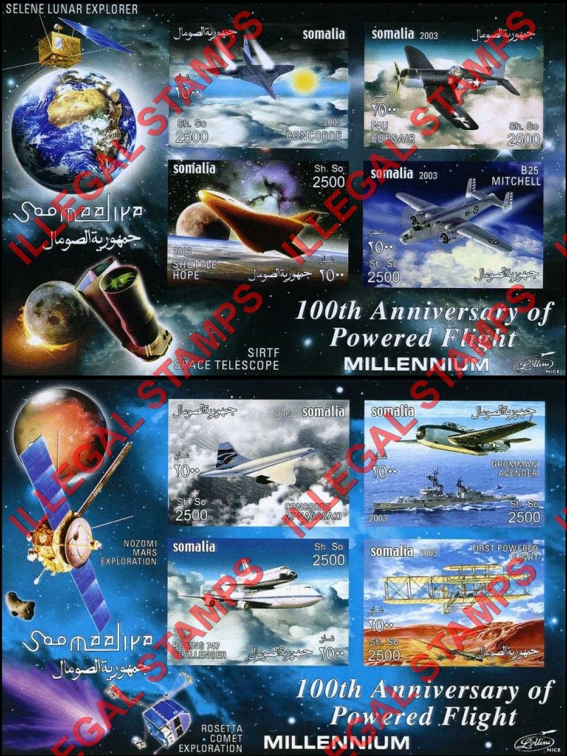 Somalia 2003 Space Lollini Produced Powered Flight Anniversary Illegal Stamp Souvenir Sheets of 4 (Part 1)