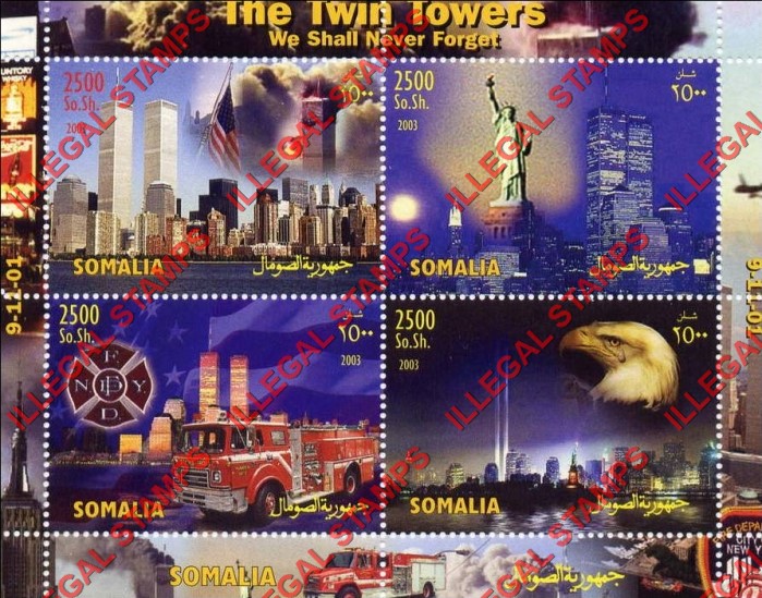 Somalia 2003 The Twin Towers 9-11 Terrorist Attack Illegal Stamp Souvenir Sheet of 4