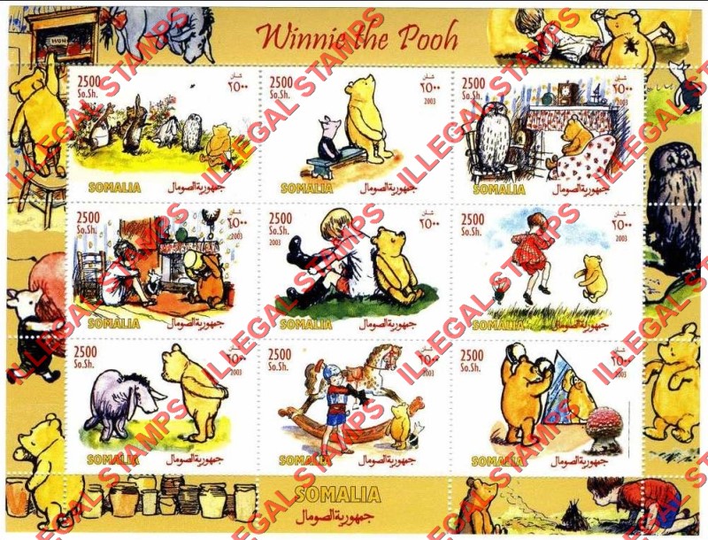 Somalia 2003 Winnie the Pooh Illegal Stamp Souvenir Sheet of 9