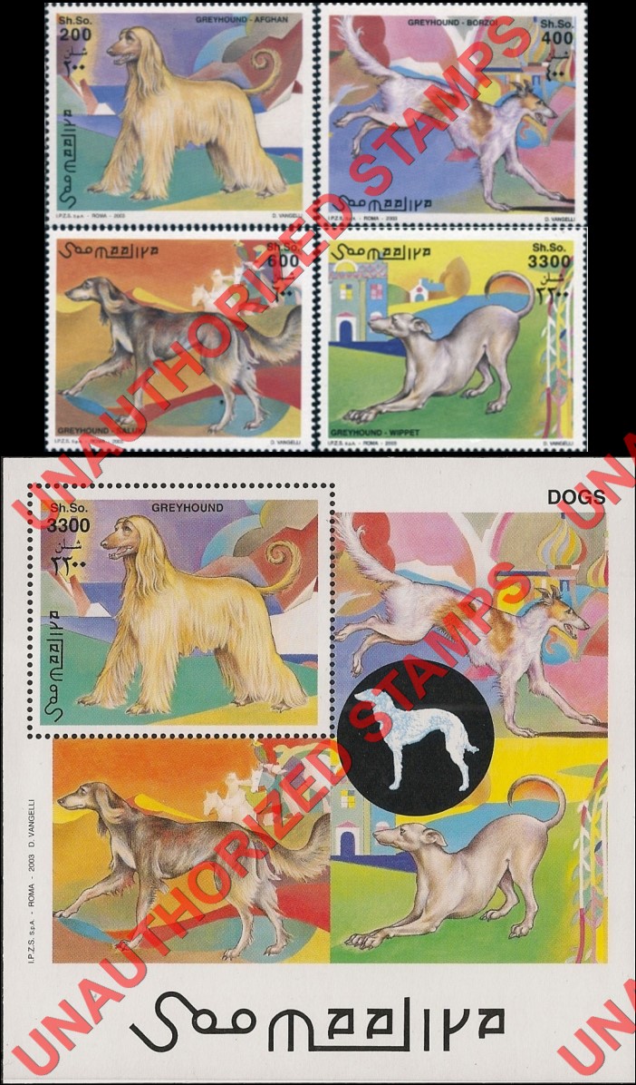 Somalia 2002 Unauthorized IPZS 2003 Dogs Greyhound Stamps Yvert 866-869 BF 97