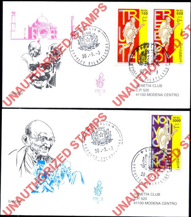 Somalia 2002 Unauthorized IPZS 2003 Gandhi Stamps Yvert 887-889 on First Day Covers