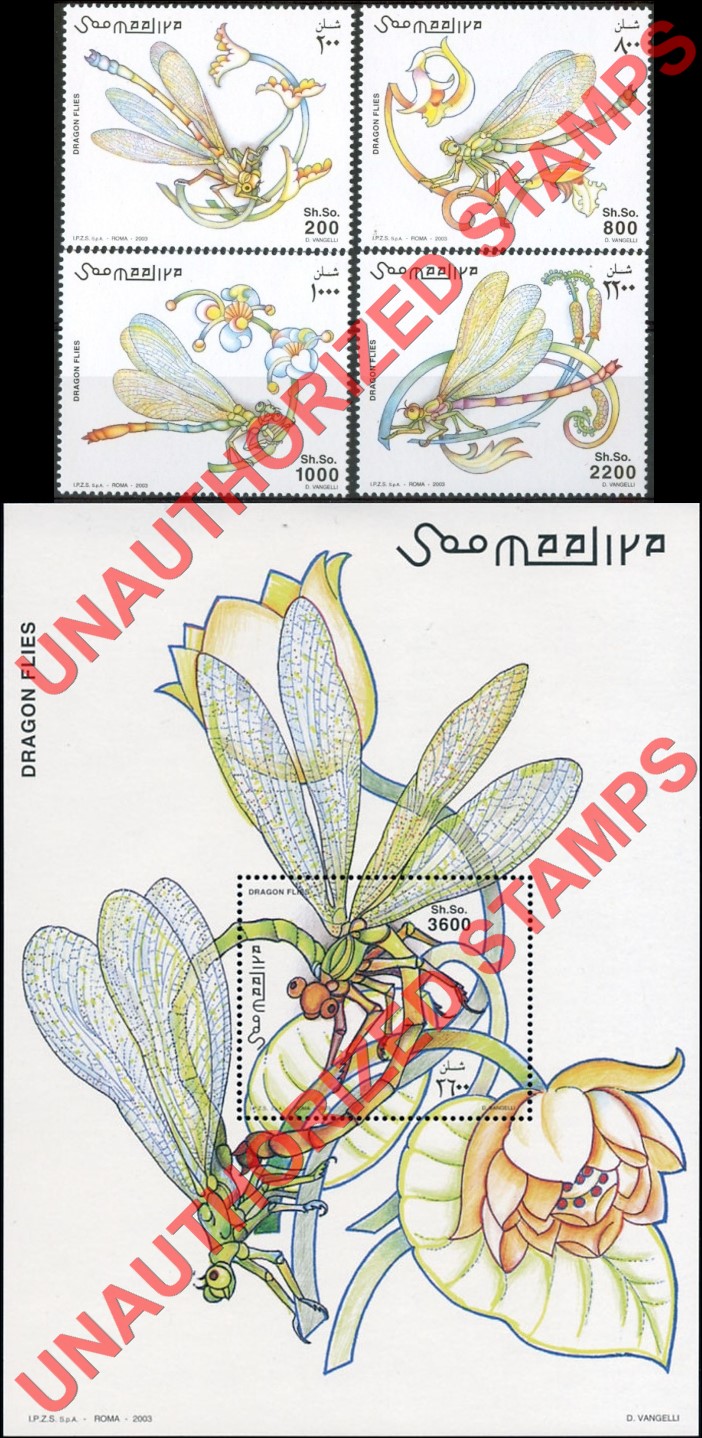 Somalia 2002 Unauthorized IPZS 2003 Insects Dragon Flies Stamps Yvert 896-899 BF 103