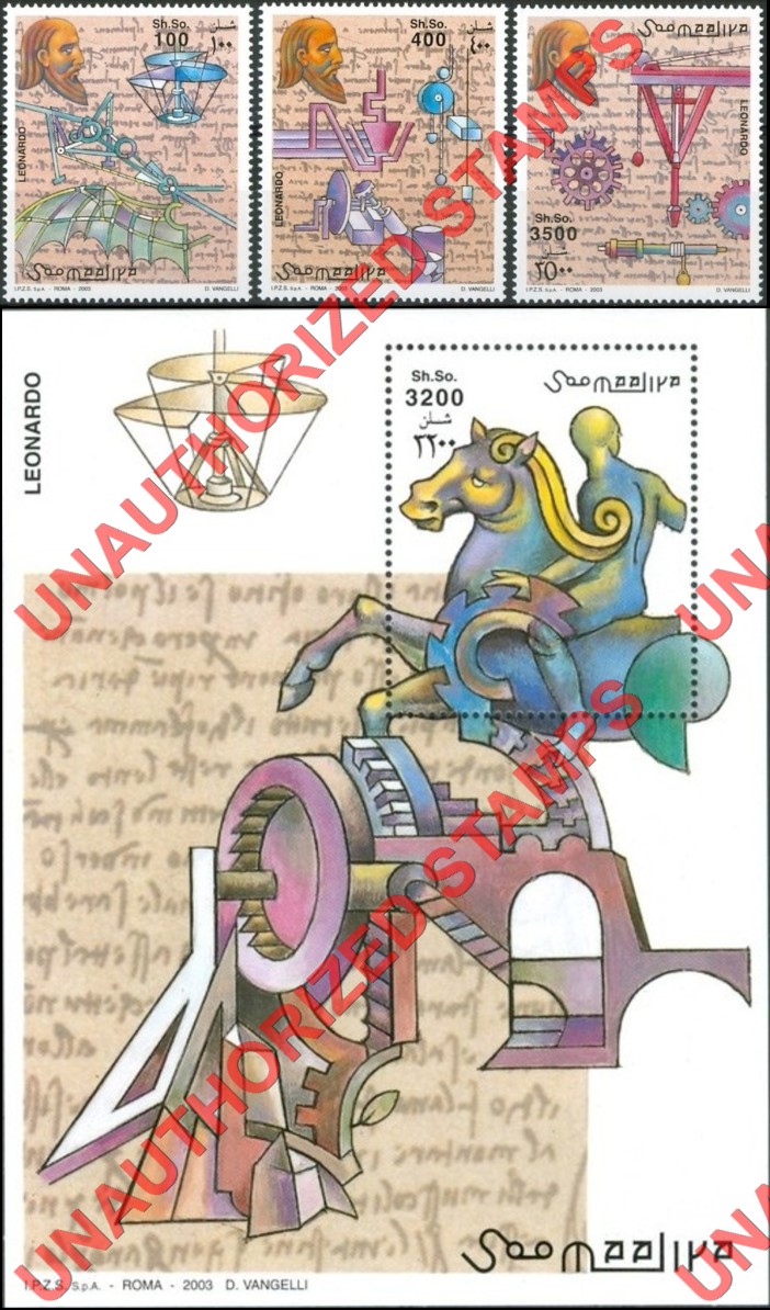 Somalia 2002 Unauthorized IPZS 2003 Leonardo da Vinci Stamps Yvert 863-865 BF 96