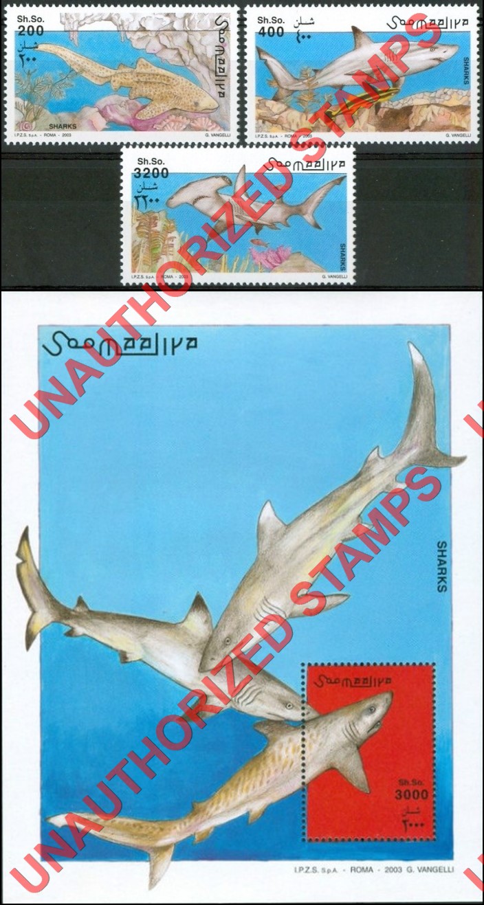 Somalia 2002 Unauthorized IPZS 2003 Sharks Stamps Yvert 880-882 BF 100