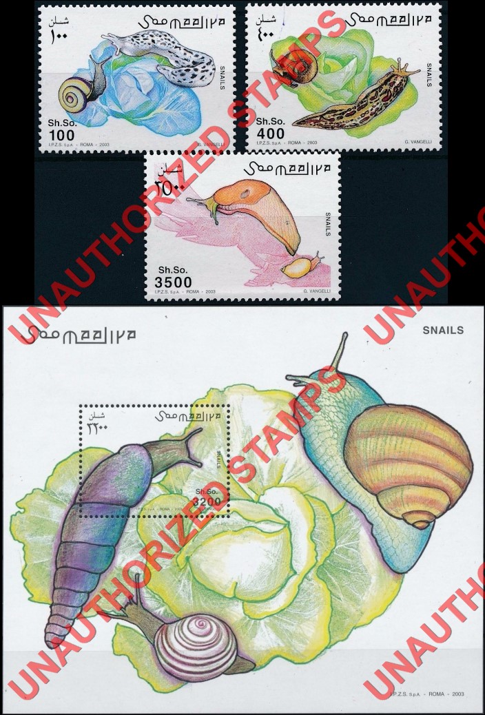 Somalia 2002 Unauthorized IPZS 2003 Snails Stamps Yvert 907-909 BF 106