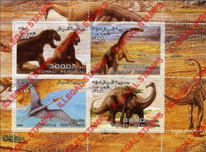Somalia 2004 Dinosaurs Illegal Stamp Souvenir Sheet of 4