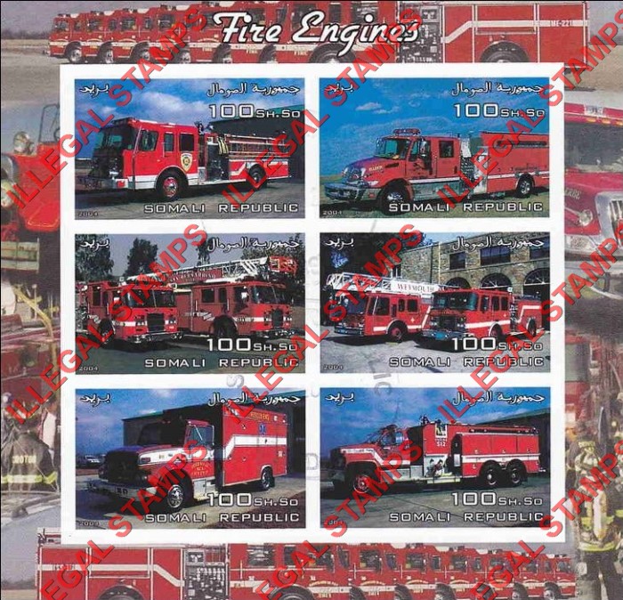 Somalia 2004 Fire Engines Illegal Stamp Souvenir Sheet of 6