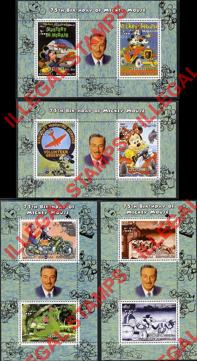 Somalia 2004 75th Birthday of Mickey Mouse with Walt Disney Illegal Stamp Souvenir Sheets of 2