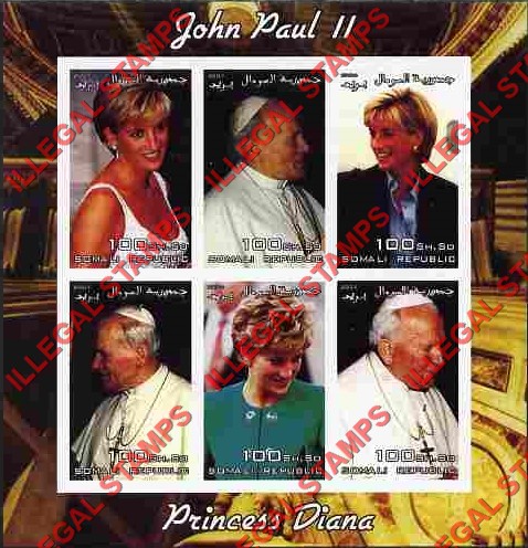 Somalia 2004 Princess Diana and Pope John Paul II Illegal Stamp Souvenir Sheet of 6