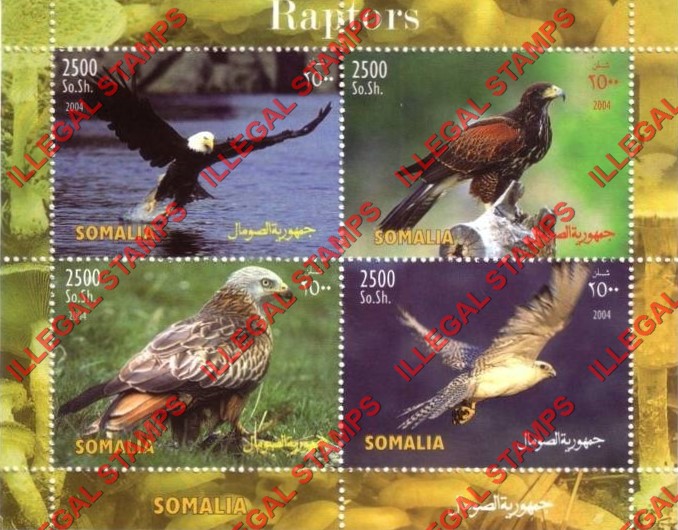 Somalia 2004 Birds of Prey Raptors Illegal Stamp Souvenir Sheet of 4