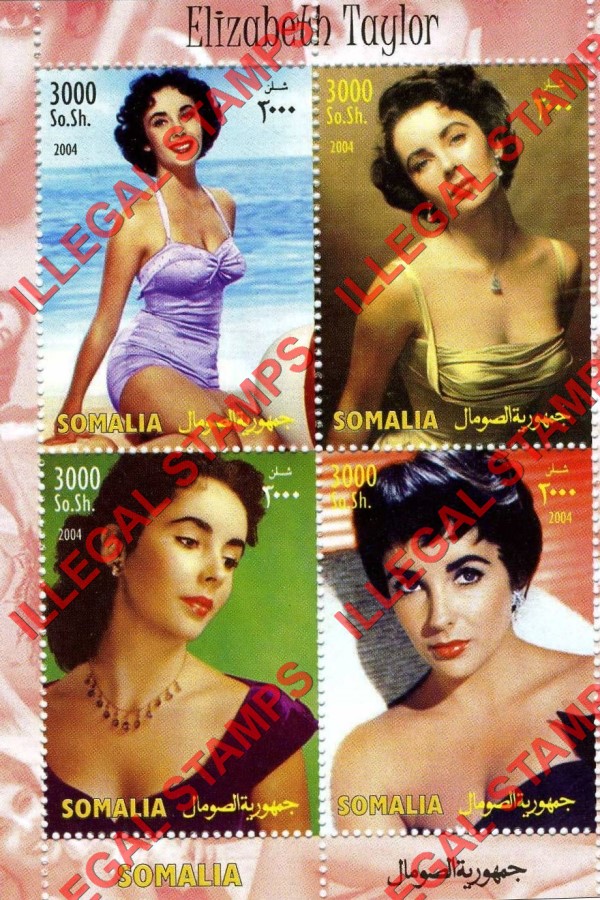 Somalia 2004 Elizabeth Taylor Illegal Stamp Souvenir Sheet of 4