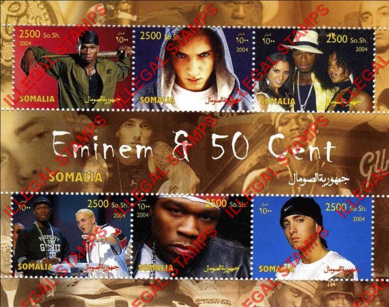 Somalia 2004 Eminem and 50 Cent Illegal Stamp Souvenir Sheet of 6