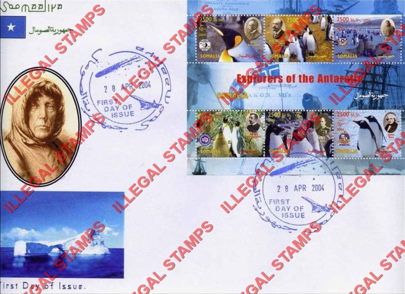 Somalia 2004 Explorers of the Antarctic Illegal Stamp Souvenir Sheet of 6 on Fake First Day Cover