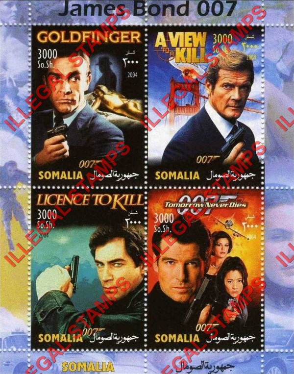 Somalia 2004 James Bond (Small Format) Illegal Stamp Souvenir Sheet of 4