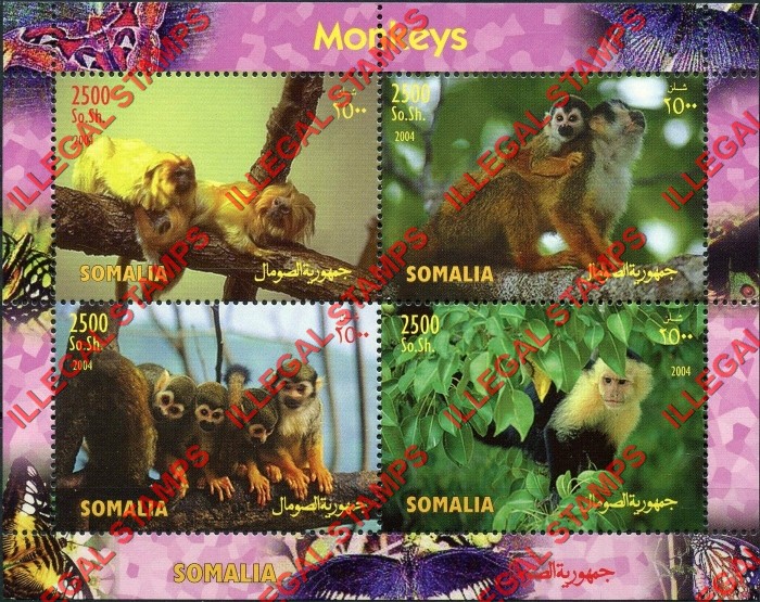 Somalia 2004 Monkeys Illegal Stamp Souvenir Sheet of 4