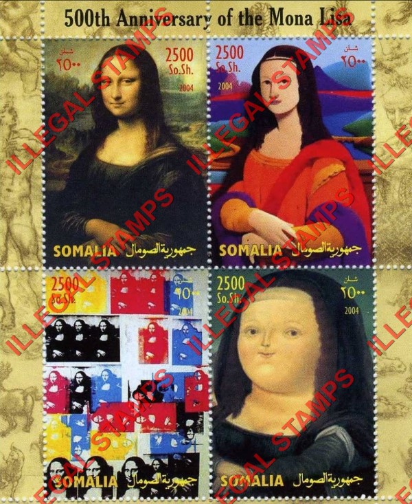 Somalia 2004 Paintings of the Mona Lisa Illegal Stamp Souvenir Sheet of 4
