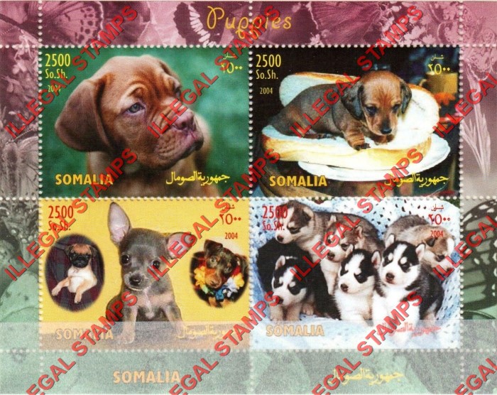 Somalia 2004 Puppies Dogs Illegal Stamp Souvenir Sheet of 4