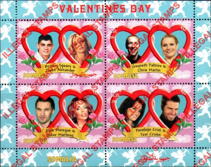 Somalia 2004 Valentines Day Illegal Stamp Souvenir Sheet of 4