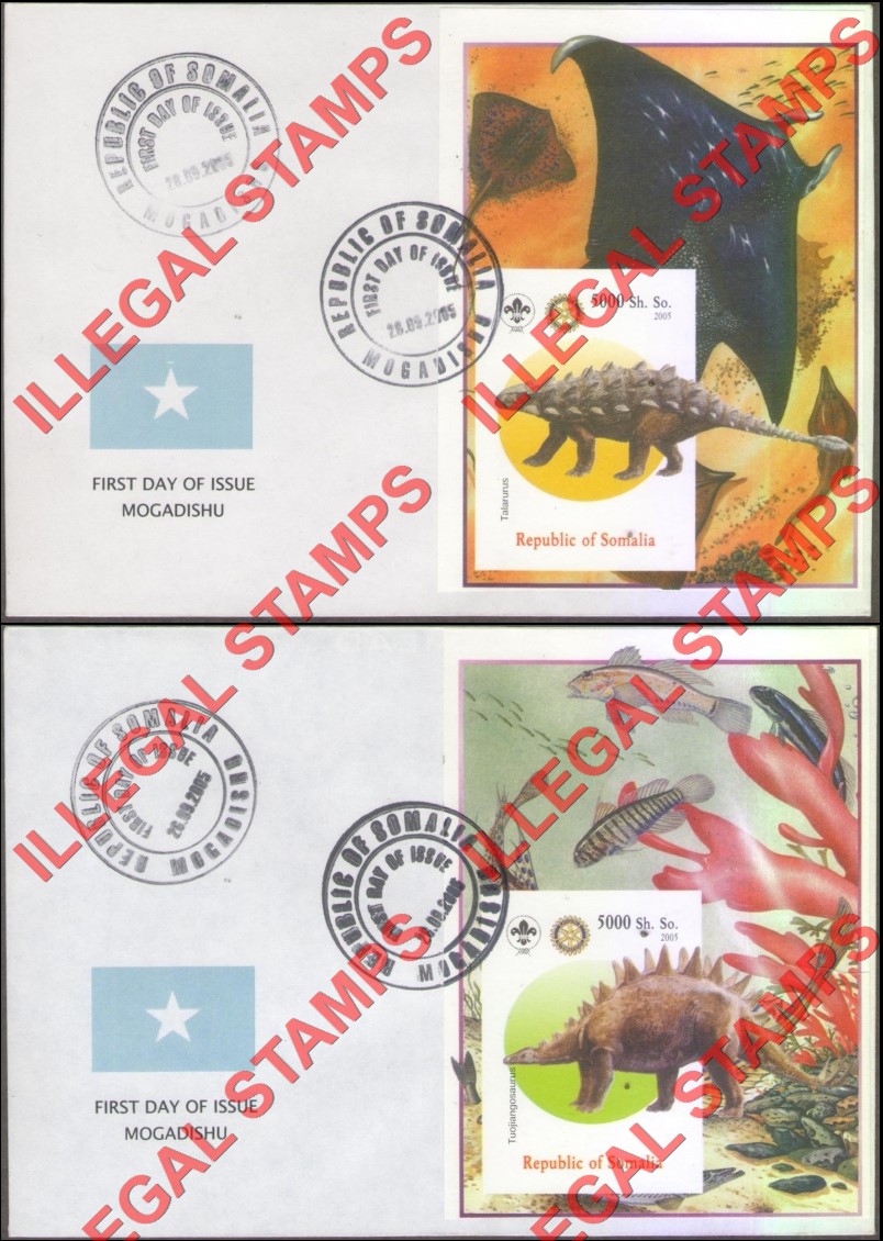Somalia 2005 Dinosaurs Illegal Stamp Souvenir Sheets of 1 on Fake First Day Covers (Part 1)