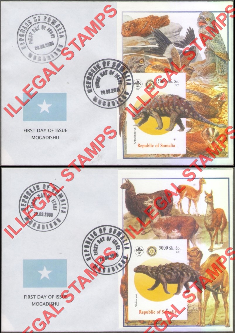 Somalia 2005 Dinosaurs Illegal Stamp Souvenir Sheets of 1 on Fake First Day Covers (Part 2)
