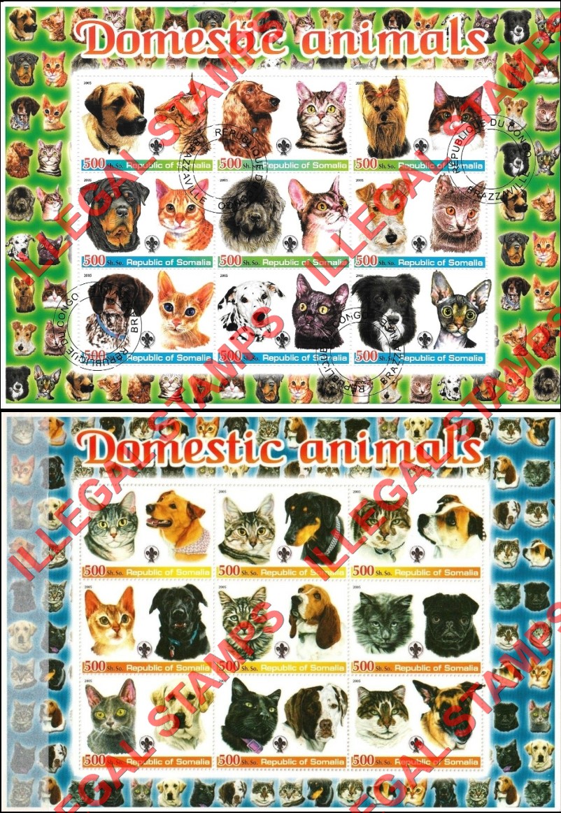 Somalia 2005 Domestic Animals Cats and Dogs Illegal Stamp Souvenir Sheets of 9