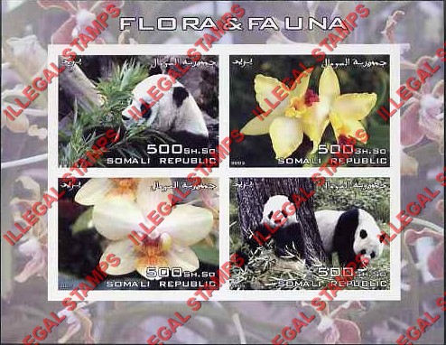 Somalia 2005 Flora and Fauna Pandas and Orchids Illegal Stamp Souvenir Sheet of 4